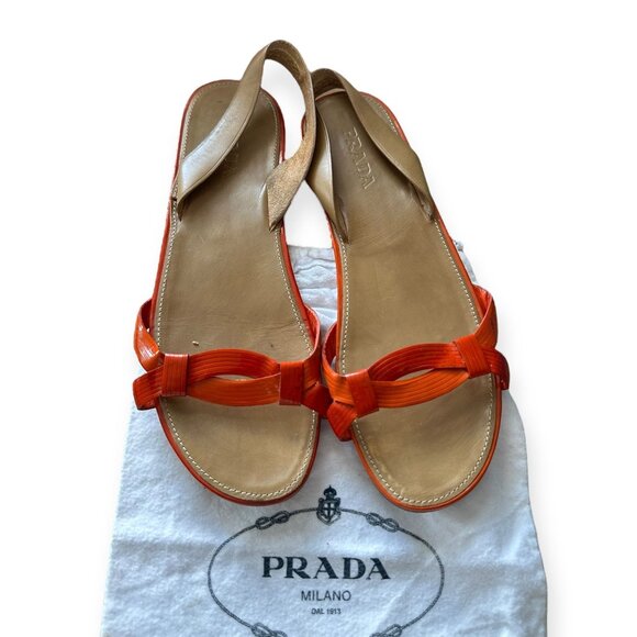 Prada Flat‎ Sling Back Sandal, Orange Patent,  Size 38.5 EU - Picture 2 of 14